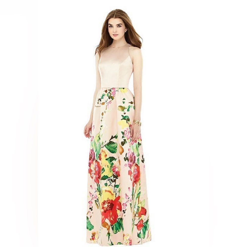 NEW Alfred Sung D707CP Blush Flowers Print Satin Maxi Gown Formal Prom Dress 0